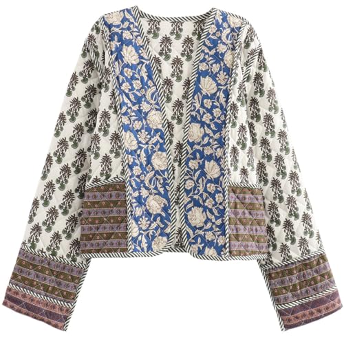 Yimoon Damen Steppjacke Leicht Blumendruck Cropped Puffer Mantel Kurz Gepolstert Open Front Winter Outwear, Beige, L von Yimoon