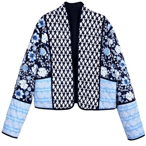Yimoon Damen Steppjacke Leicht Blumendruck Cropped Puffer Mantel Kurz Gepolstert Open Front Winter Outwear, Marineblau, S von Yimoon