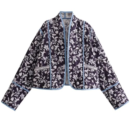 Yimoon Damen Steppjacke Leicht Blumendruck Cropped Puffer Mantel Kurz Gepolstert Open Front Winter Outwear, Violett, S von Yimoon