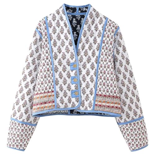 Yimoon Damen Steppjacke Leicht Blumendruck Cropped Puffer Mantel Kurz Gepolstert Open Front Winter Outwear, Weiße Blüten, L von Yimoon