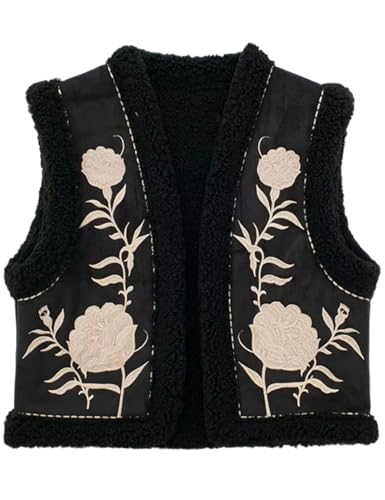 Yimoon Damen Vintage Blumenstickerei Weste Casual Open Front Ärmellos Cardigan Weste (Schwarz-S) von Yimoon