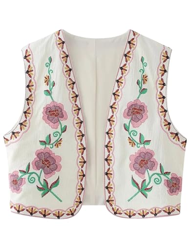 Yimoon Damen Vintage Floral Stickerei Weste Boho Casual Open Front Ärmellos Cardigan Weste, 02pink, Large von Yimoon