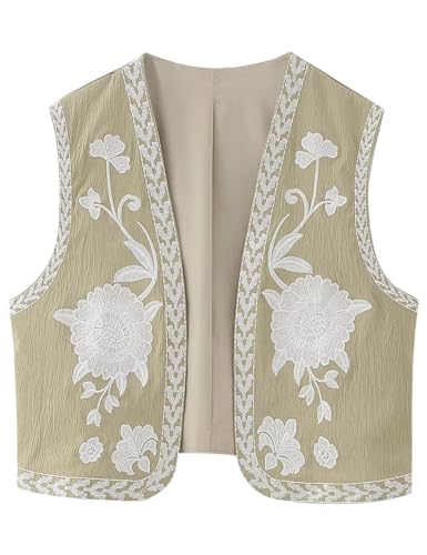 Yimoon Damen Vintage Floral Stickerei Weste Boho Casual Open Front Ärmellos Cardigan Weste, Khaki, Small von Yimoon