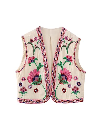 Yimoon Damen Vintage Floral Stickerei Weste Boho Casual Open Front Ärmellos Cardigan Weste, Pink, Large von Yimoon