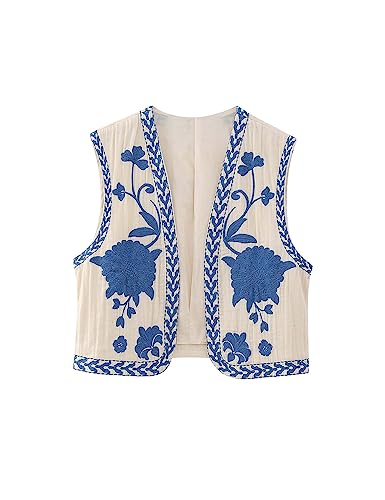 Yimoon Damen Vintage Floral Stickerei Weste Casual Open Front Ärmellos Cardigan Weste, Blau, Large von Yimoon