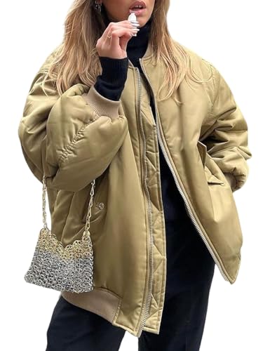 Yimoon Damen Winter Bomberjacke Oversized Steppjacke Puffer Jacke Casual Reißverschluss Gepolstert Windbreaker Mantel mit Taschen, Khaki, S von Yimoon