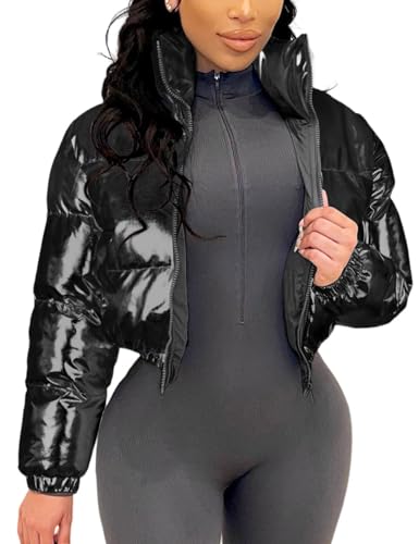 Yimoon Damen Y2k Winter Cropped Metallic Einfarbig Gepolsterte Jacke Stehkragen Reißverschluss Glänzend Puffer Mantel, Schwarz, XS von Yimoon
