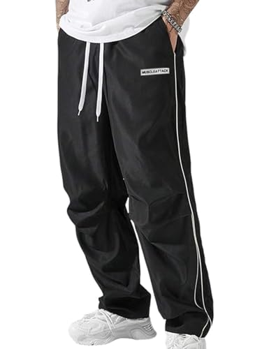 Yimoon Herren Fallschirmhose Y2k Baggy Sweatpants Kordelzug Weites Bein Freizeithose Streetwear, Schwarz, Klein von Yimoon