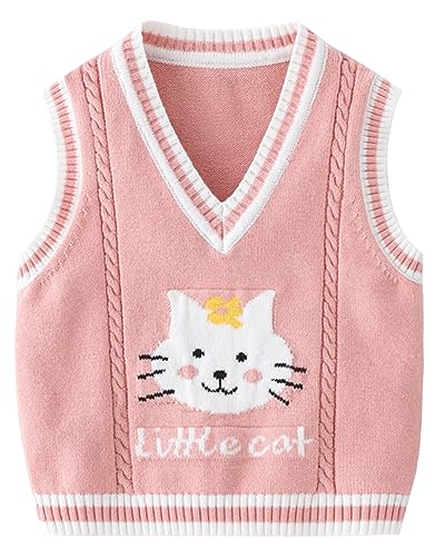 Baby Kleinkind Kinder Jungen Mädchen V-Ausschnitt Strickweste Pullunder Weste Ärmellos Strickpullover Cartoon Pattern Rosa 74 von Yimutian