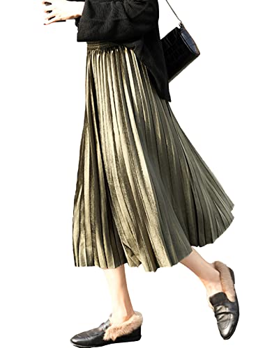 Damen A Linie Metallic Akkordeon Plisseerock Faltenrock Midi Rock mit Hoher Taille Olivgrün M von Yimutian