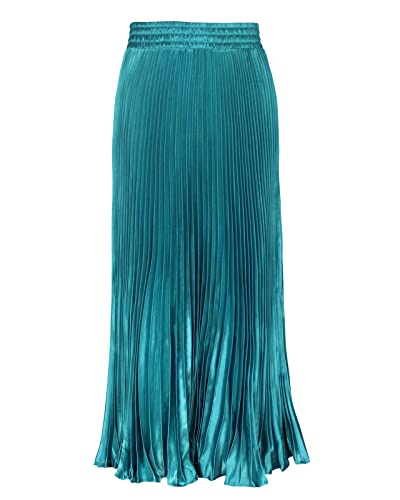 Damen Lang A-Linie Plisseerock Lang, Metallic Glossy Weiblicher Mode Organ Rock Maxi Faltenrock Blauer See Einheitsgröße von Yimutian