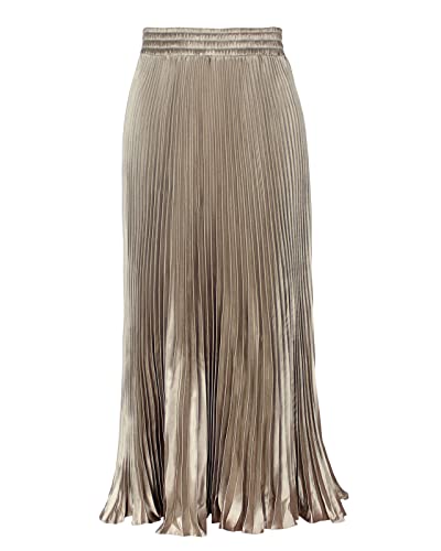 Damen Lang A-Linie Plisseerock Lang, Metallic Glossy Weiblicher Mode Organ Rock Maxi Faltenrock Champagner Einheitsgröße von Yimutian