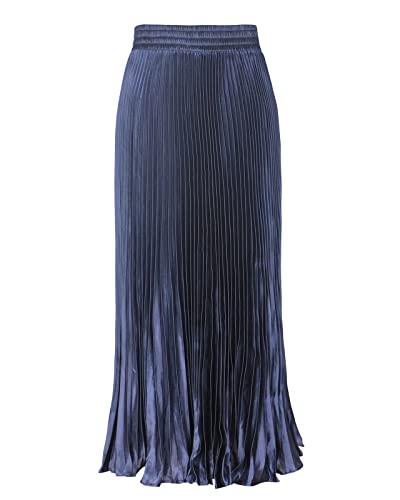 Damen Lang A-Linie Plisseerock Lang, Metallic Glossy Weiblicher Mode Organ Rock Maxi Faltenrock Marineblau Einheitsgröße von Yimutian
