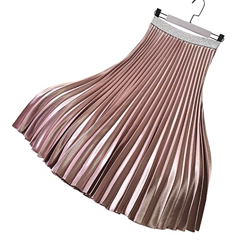 Damen Lang Rock Plisseerock Elegant Retro Faltenrock A-Linie Elastischer Bund Midi-Rock Dunkelrosa Einheitsgröße von Yimutian