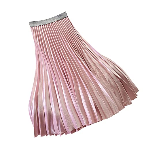 Damen Lang Rock Plisseerock Elegant Retro Faltenrock A-Linie Elastischer Bund Midi-Rock Rosa Einheitsgröße von Yimutian