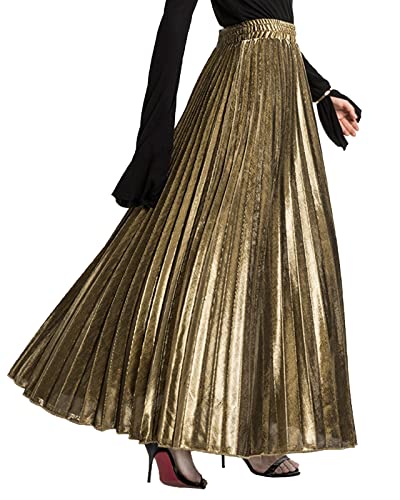 Damen Metallic Glossy Plisseerock Lang, Weiblicher Mode Organ Rock Langer Rock A-Linie Maxi Faltenrock Elegantes Gold L von Yimutian