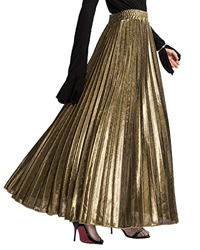 Damen Metallic Glossy Plisseerock Lang, Weiblicher Mode Organ Rock Langer Rock A-Linie Maxi Faltenrock Elegantes Gold XL von Yimutian