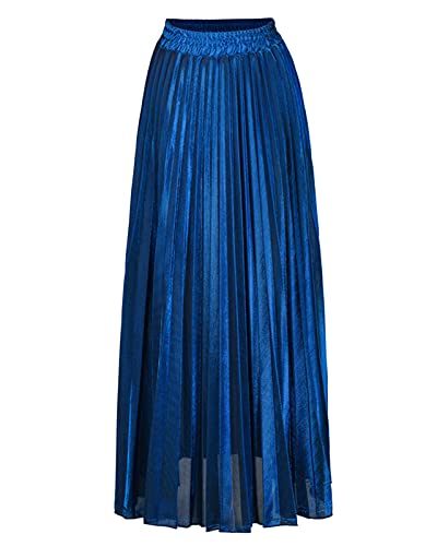 Damen Metallic Glossy Plisseerock Lang, Weiblicher Mode Organ Rock Langer Rock A-Linie Maxi Faltenrock Juwel Blau L von Yimutian