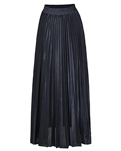 Damen Metallic Glossy Plisseerock Lang, Weiblicher Mode Organ Rock Langer Rock A-Linie Maxi Faltenrock Schwarz L von Yimutian