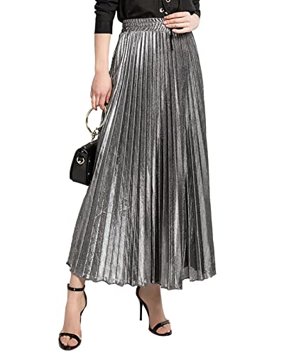 Damen Metallic Glossy Plisseerock Lang, Weiblicher Mode Organ Rock Langer Rock A-Linie Maxi Faltenrock Silber XL von Yimutian