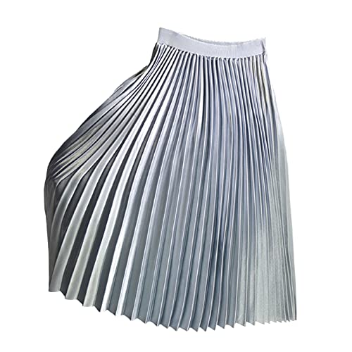 Damen Midi Plisseerock High Waist Elegant A Linie Metallic Akkordeon Faltenrock Hellblau Einheitsgröße von Yimutian