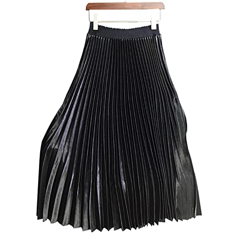 Damen Midi Plisseerock High Waist Elegant A Linie Metallic Akkordeon Faltenrock Schwarz Einheitsgröße von Yimutian