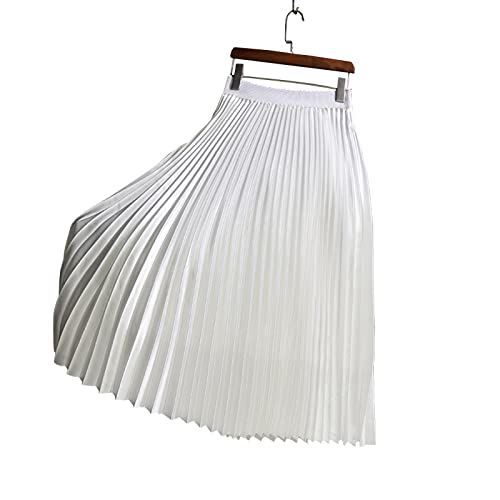 Damen Midi Plisseerock High Waist Elegant A Linie Metallic Akkordeon Faltenrock Weiß Einheitsgröße von Yimutian