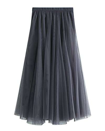Damen Plisseerock Langer Tüllrock A-Linie Faltenrock Knöchellang Hoher Bund Schick Maxirock Elastisch Taille Grau Einheitsgröße von Yimutian