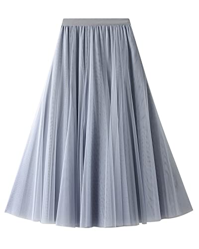 Damen Plisseerock Langer Tüllrock A-Linie Faltenrock Knöchellang Hoher Bund Schick Maxirock Elastisch Taille Hellblau Einheitsgröße von Yimutian