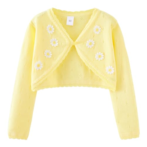 Kinder Mädchen Strickjacke Schulterjacke Jacke aus 100% Baumwolle Blumen Top für Hochzeit Kommunion Taufe Gelb 140 von Yimutian