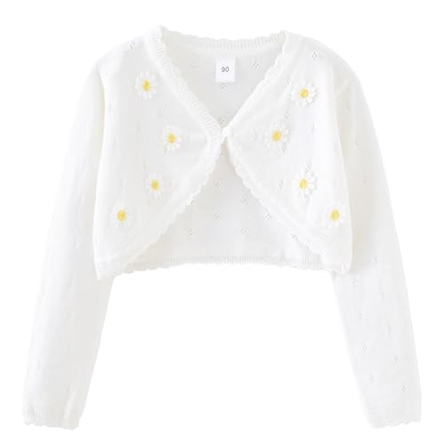 Kinder Mädchen Strickjacke Schulterjacke Jacke aus 100% Baumwolle Blumen Top für Hochzeit Kommunion Taufe Weiß 140 von Yimutian