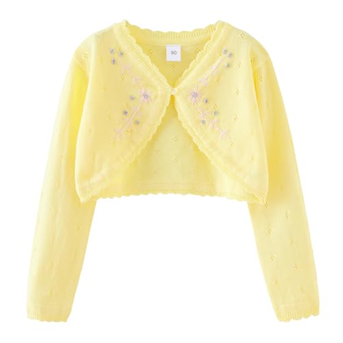 Mädchen Bolero Strickjacke aus 100% Baumwolle Kinder Lange Ärmel Cardigan Schulterjacke Festlich Hochzeit Kommunion Taufe Jacke Gelb 130 von Yimutian