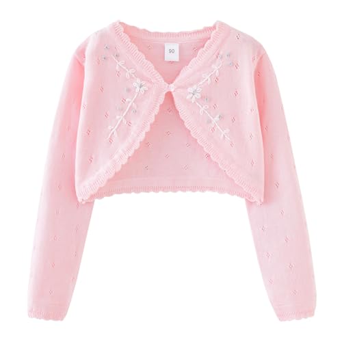 Mädchen Bolero Strickjacke aus 100% Baumwolle Kinder Lange Ärmel Cardigan Schulterjacke Festlich Hochzeit Kommunion Taufe Jacke Rosa 140 von Yimutian