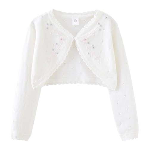 Mädchen Bolero Strickjacke aus 100% Baumwolle Kinder Lange Ärmel Cardigan Schulterjacke Festlich Hochzeit Kommunion Taufe Jacke Weiß 130 von Yimutian