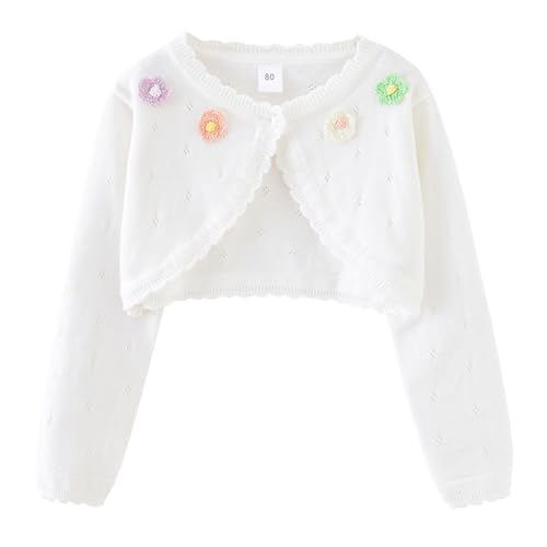 Mädchen Strickjacke Schulterjacke Jacke Festlich Bolero Blumen Kinder Baumwolle Cardigan für Hochzeit Kommunion Taufe Weiß 130 von Yimutian