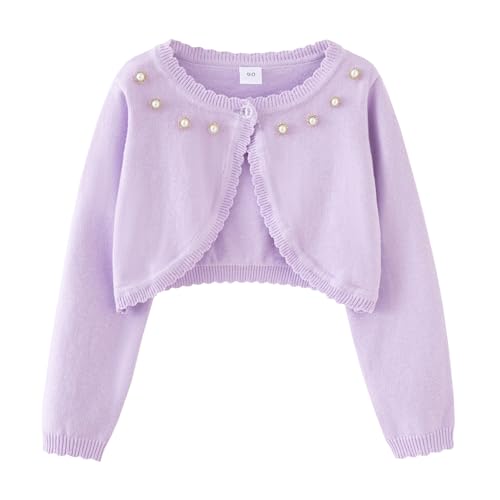 Mädchen Strickjacke aus 100% Baumwolle Kinder Cardigan Festlich Langarm Bolero Jacke Schulterjacke für Hochzeit Kommunion Taufe Lila 130 von Yimutian