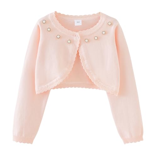 Mädchen Strickjacke aus 100% Baumwolle Kinder Cardigan Festlich Langarm Bolero Jacke Schulterjacke für Hochzeit Kommunion Taufe Lotus Rosa 120 von Yimutian