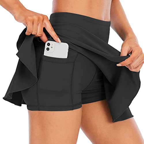 Tennisrock Damen Golf Skort Mit Hose Faltenrock Kurz Skirt Gefaltete Skater Rock mit Taschen für Laufen Yoga Fitness Sport Schwarz XS von Yimutian