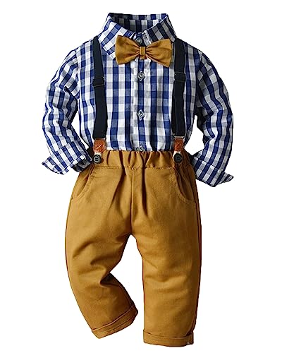 Yimutian Baby Jungen Anzug Set 3tlg Langarm Hemd + Hose Mit Hosenträger + Fliege Anzug Geburtstag Hochzeit Gentlemen Bekleidungssets Outfits Gelb 02 5-6 Jahre von Yimutian