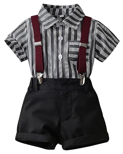 Yimutian Baby Jungen Bekleidungssets 4 Stück Sommer Taufe Hochzeit Anzüge Kurzarm Hemd +Hosenträger Shorts + Fliege Kinderanzug Festlich Anzug Set Grau Gestreift & Schwarz 5-6 Jahre von Yimutian