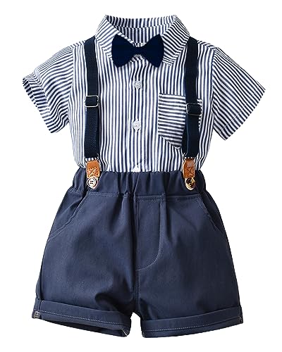 Yimutian Baby Jungen Bekleidungssets 4 Stück Sommer Taufe Hochzeit Anzüge Kurzarm Hemd +Hosenträger Shorts + Fliege Kinderanzug Festlich Anzug Set Navy 5-6 Jahre von Yimutian