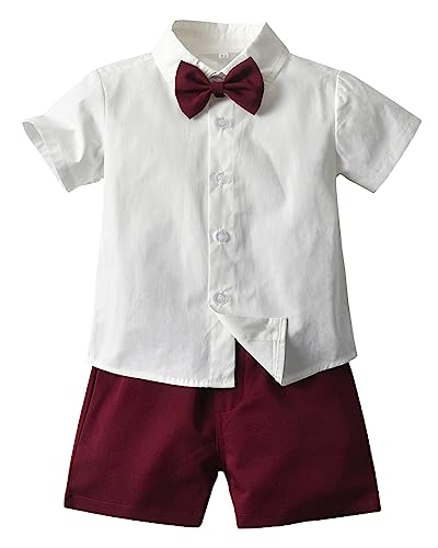 Yimutian Baby Jungen Gentleman Anzüge, Sommer Kurzarm Hemd mit Fliege + Hosenträger Shorts für Taufe Hochzeit Festliche Weinrot 02 18-24 Monate von Yimutian