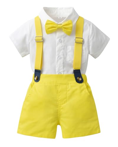 Yimutian Baby Jungen Gentleman Anzug Set Bekleidung Hemd mit Fliege + Hosenträger Shorts 4 Stück für Kinder Sommer Taufe Hochzeit Festlich Anzüge Fluoreszierendes Gelb 6-7 Jahre von Yimutian