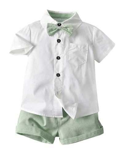 Yimutian Baby Jungen Gentleman Bekleidungssets 4 Stück Kurzarm Hemd + Hosenträger Shorts + Fliege Kinder Sommer Taufe Hochzeit Anzüge Grün 02 6-12 Monate von Yimutian