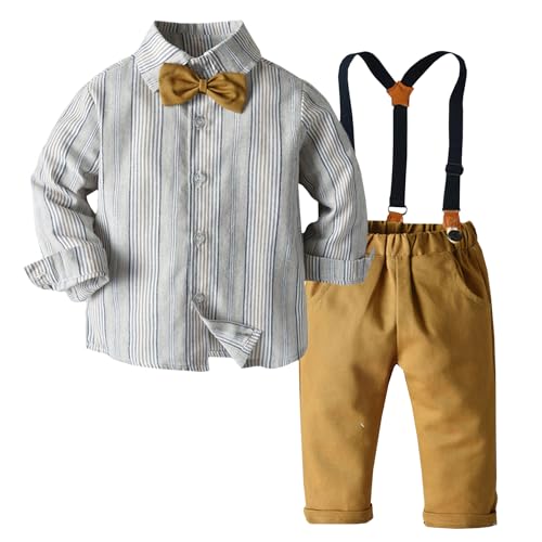 Yimutian Baby Jungen Taufanzug Gentleman Bekleidungssets Langarm Fliege Hemd + Hosenträger Hosen 4tlg für Taufe Hochzeit Festliche Beige 3-4 Jahre von Yimutian