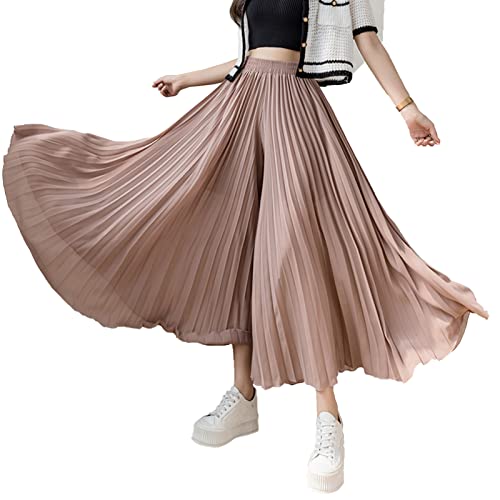 Yimutian Chiffon Hosenrock Damen Elegant Chiffon High Waist Plissee Weites Bein Lang Hose Einfarbig Strandhose Freizeithose Rosa S von Yimutian