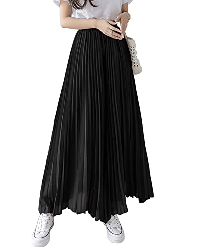 Yimutian Chiffon Hosenrock Damen Elegant Chiffon High Waist Plissee Weites Bein Lang Hose Einfarbig Strandhose Freizeithose Schwarz M von Yimutian