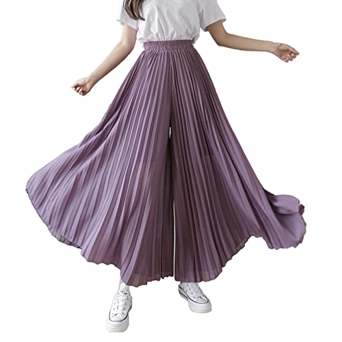 Yimutian Chiffon Hosenrock Damen Elegant Chiffon High Waist Plissee Weites Bein Lang Hose Einfarbig Strandhose Freizeithose Violett M von Yimutian