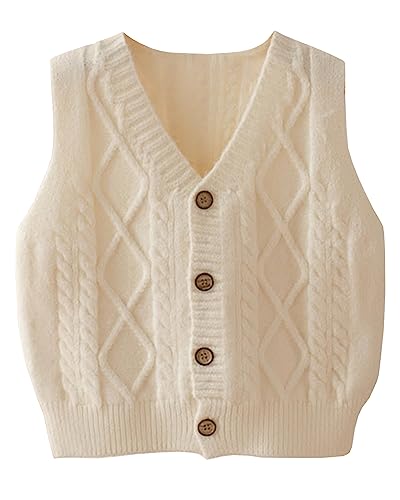 Yimutian Damen Mädchen Jungen Ärmellose Pullunder, Kinder V-Ausschnitt Strickpullover Westen Pullover Strickweste Beige 100 von Yimutian