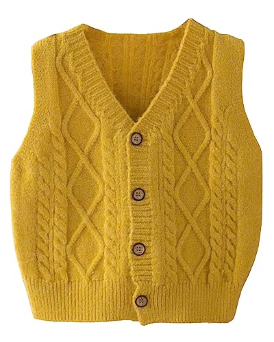 Yimutian Damen Mädchen Jungen Ärmellose Pullunder, Kinder V-Ausschnitt Strickpullover Westen Pullover Strickweste Gelb 130 von Yimutian